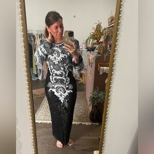 Vintage SWEELO sequins pearl silk‎ maxi dress formal pageant SIZE MEDIUM
